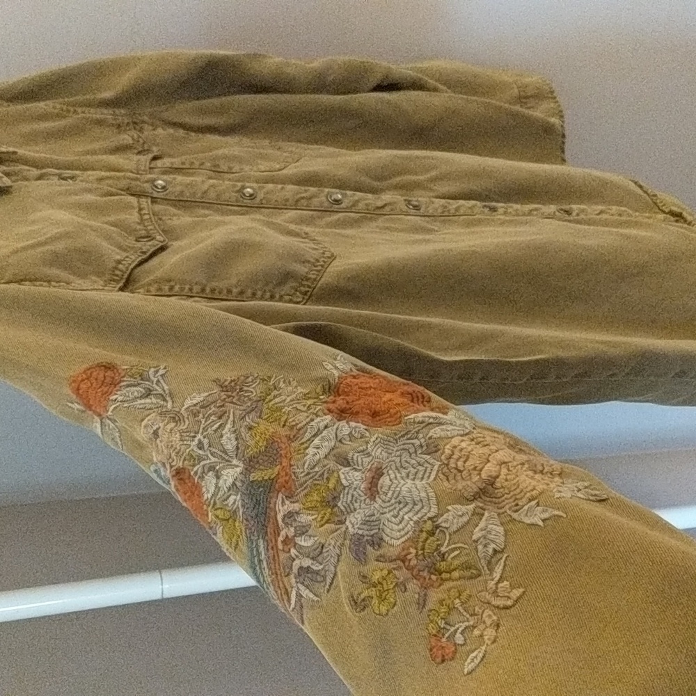 Sundance Tan Button-Down Shirt with Floral Embroidery